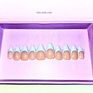 PRESS-ON NAILS Custom-Made Short Almond Blue French Tips Large Size NEW NIB